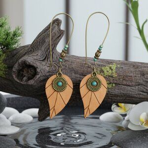 Rustic Boho Chic Wooden Leaf Earrings with Copper Beads & Turquoise Charm